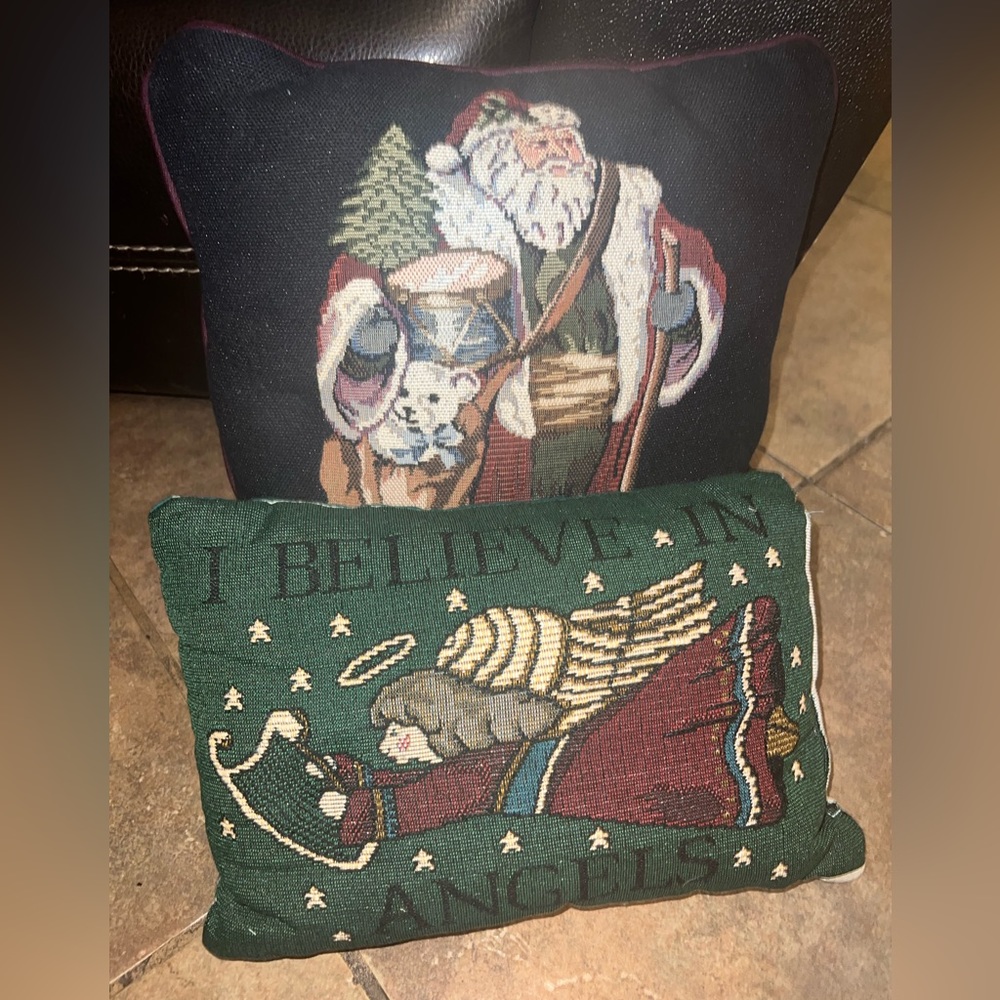 (2) Vintage Needlepoint Velvet Pillow Angels Playing Music 11” Christmas Angel